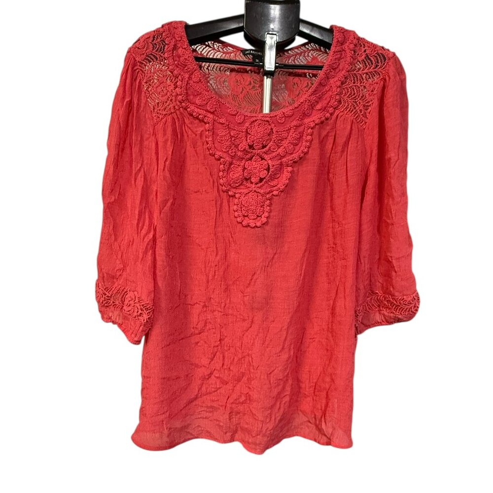 ZAC & RACHEL Top Women's Size 2X Lace Insert Blouse 3/4 Bell Sleeve Tunic